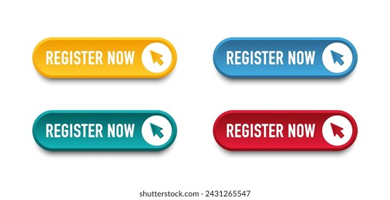 Register now tag. Registration now buttons set. Vector button for registration in services, blogs, websites. Register now chat speech message. Banner promotion. Free registration offer. Vector