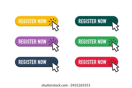 Register now tag. Registration now buttons set. Vector button for registration in services, blogs, websites. Register now chat speech message. Banner promotion. Free registration offer. Vector