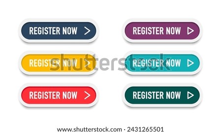 Register now tag. Registration now buttons set. Vector button for registration in services, blogs, websites. Register now chat speech message. Banner promotion. Free registration offer. Vector