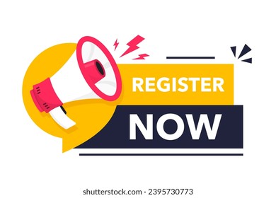Register now tag. Vector button for registration in services, blogs, websites. Register now chat speech message. Banner promotion. Free registration offer. Vector Illustration
