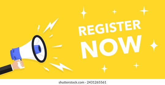 Register now tag. Vector button for registration in services, blogs, websites. Register now chat speech message. Banner promotion. Free registration offer. Vector Illustration