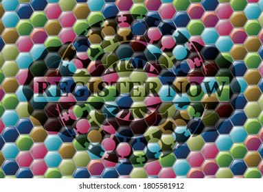 Register now text inside Colorful candy multicolored emblem.Hexagon delicate background. Intense illustration. 