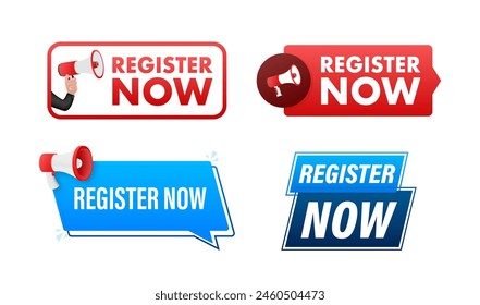 Register now text with Megaphone label set. Megaphone in hand promotion banner. Marketing and advertising