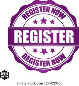 Register now violet grunge rubber stamp with six stars on white, vector illustration