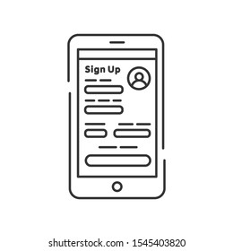 Register On Smartphone Line Black Icon. Create Account. Online Registration On Site Dating. Symbol For Web Page, Mobile App. Pictogram UI/UX User Interface. Editable Stroke.