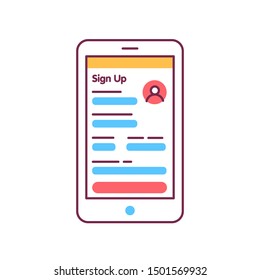 Register on smartphone line color icon. Create account. Online registration on site dating. Symbol for web page, mobile app. Pictogram UI/UX user interface. Editable stroke.