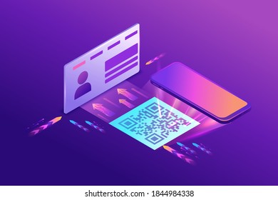 Register on the website by using qr code, user enters the web page working with interface, access to account, 3d isometric vector illustration, purple gradient