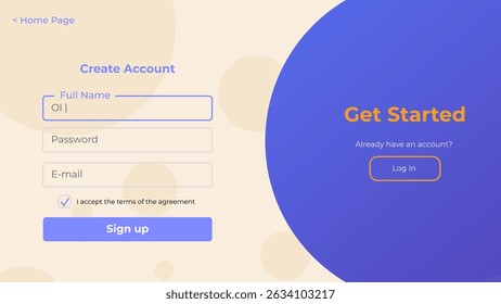 Register page layout with login and password fields. Simple and modern sign up form design for websites