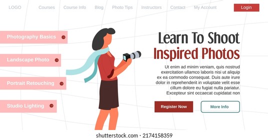 Register for photoshoot courses, learn how to shoot inspired photos. Professional knowledge, improvement of skills of artist. Website landing page, online page template. Vector in flat style