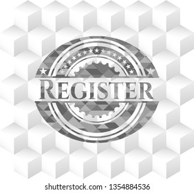Register realistic grey emblem with cube white background