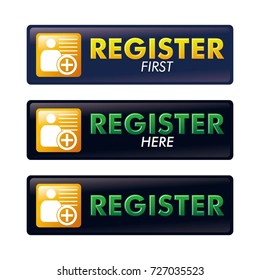 Register registration glossy icon button element set. Register First, Register Here Glossy Icon Button Vector Design with dark blue and black color concept for start up website