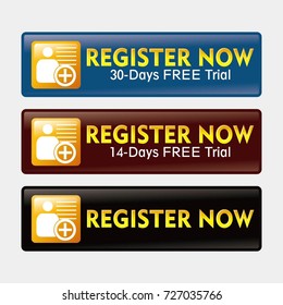 Register registration glossy icon button element set. Register Now 30 or 14 days free trial Glossy Icon Button Vector Design template for start up website