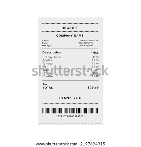 Register sale receipt isolated on white background. Cash receipt printed. Vector stock