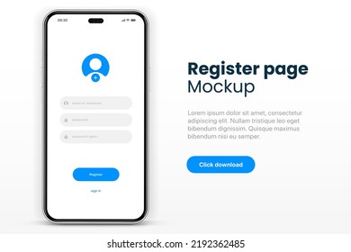 Register screen. Mobile application interface, registration form with login and password fields. Website UI UX with buttons and network account sign. Vector web page mockup for smartphone.