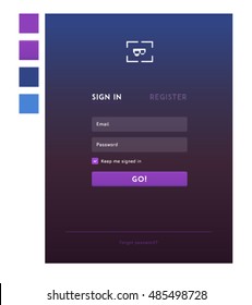 Register sign up sign in interface form on violet with gradient background, opacity fields and color scheme 