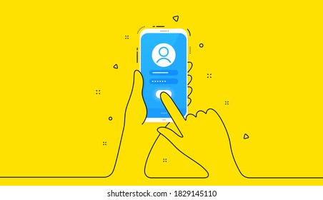 Register user online from phone. Mobile cellphone sign up password. Hand hold smartphone. Online login phone screen. Mobile user register form. Continuous line hands on yellow background. Vector