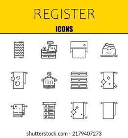 register vector line icons set. towel, cashier and towel Icons. Thin line design. Modern outline graphic elements, simple stroke symbols stock illustration