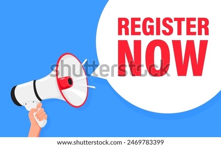 Register to Vote. Hand hold megaphone speaker for announce. Attention please. Shouting people, advertisement speech symbol