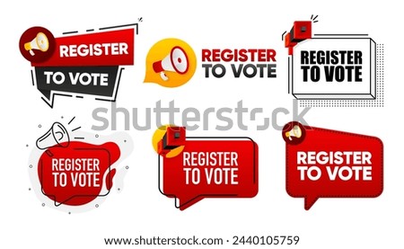 Register to Vote. Megaphone label collection with text. Marketing and promotion. Vector Illustration.