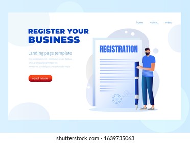 Register Your Business Landing Page Template. Vector Illustration Isolated On White Background. Membership Contract, Certificate.