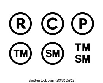 Registered. Copyright. Patent. Trade mark symbol vector set