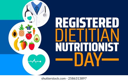 Registered Dietitian Nutritionist Day background banner or poster design template. observed every year in March. Holiday concept. Use to any Template, card, poster, placard, template.