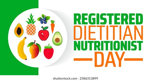 Registered Dietitian Nutritionist Day background banner or poster design template. observed every year in March. Holiday concept. Use to any Template, card, poster, placard, template.