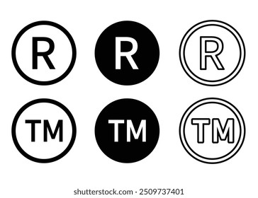 Conjunto de iconos de línea registrada. Símbolo de registro R. Conjunto de iconos de Marca comercial. Símbolos para los artículos registrados y con derechos de autor. eps 10.