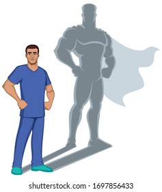 Registered Male Nurse Casting Superhero Shadow On White Background.