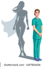 Registered Nurse Casting Superheroine Shadow On White Background.