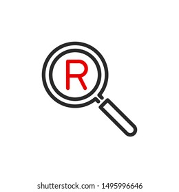 Registered protect with magnifier glass outline flat icon. Single quality outline logo search symbol for web design mobile app. Thin line design logo sign. Loupe lens icon isolated on white background