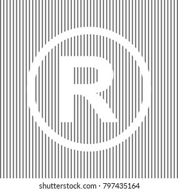 Registered sign. Vector. White icon on grayish striped background. Optical illusion.