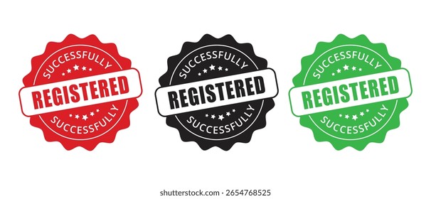 Registered Successfully circular stamp Badge Vector Set in Red Black blue Green.
