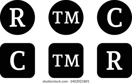 Registered, trademark, and copyright icon vector in black square and circle style. Legal product sign symbol. Vector illustration