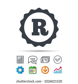 Registered trademark icon. Intellectual work protection symbol. Statistics chart, chat speech bubble and contacts signs. Check web icon. Vector