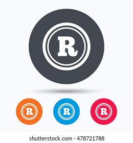 Registered trademark icon. Intellectual work protection symbol. Colored circle buttons with flat web icon. Vector