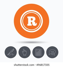 Registered trademark icon. Intellectual work protection symbol. Speech bubbles. Pen, hand click and chart. Orange circle button with icon. Vector