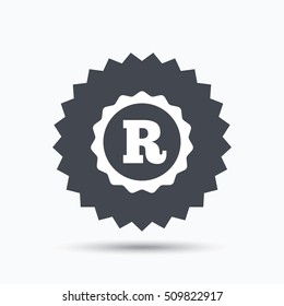 Registered trademark icon. Intellectual work protection symbol. Gray star button with flat web icon. Vector