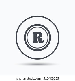 Registered trademark icon. Intellectual work protection symbol. Circle button with flat web icon on white background. Vector