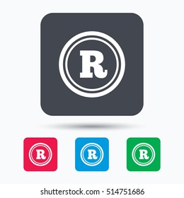 Registered trademark icon. Intellectual work protection symbol. Colored square buttons with flat web icon. Vector
