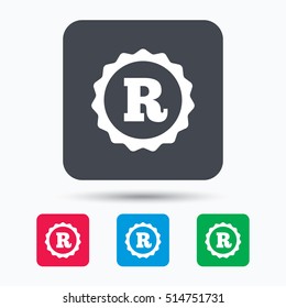 Registered trademark icon. Intellectual work protection symbol. Colored square buttons with flat web icon. Vector