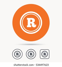 Registered trademark icon. Intellectual work protection symbol. Orange circle button with web icon. Star and square design. Vector
