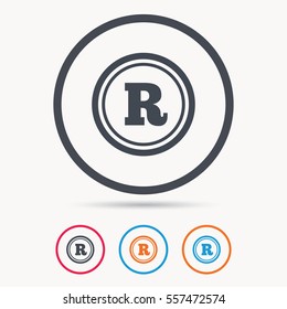 Registered trademark icon. Intellectual work protection symbol. Colored circle buttons with flat web icon. Vector
