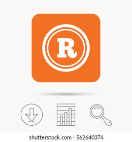 Registered trademark icon. Intellectual work protection symbol. Report chart, download and magnifier search signs. Orange square button with web icon. Vector