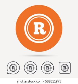 Registered trademark icon. Intellectual work protection symbol. Circle, speech bubble and star buttons. Flat web icons. Vector