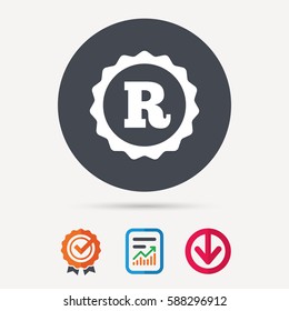 Registered trademark icon. Intellectual work protection symbol. Report document, award medal with tick and new tag signs. Colored flat web icons. Vector