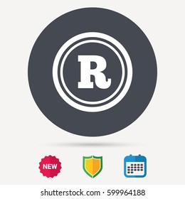 Registered trademark icon. Intellectual work protection symbol. Calendar, shield protection and new tag signs. Colored flat web icons. Vector