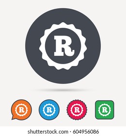 Registered trademark icon. Intellectual work protection symbol. Circle, speech bubble and star buttons. Flat web icons. Vector