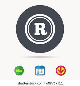 Registered trademark icon. Intellectual work protection symbol. Calendar, download arrow and new tag signs. Colored flat web icons. Vector