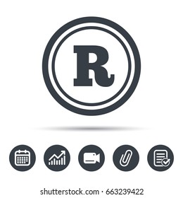 Registered trademark icon. Intellectual work protection symbol. Calendar, chart and checklist signs. Video camera and attach clip web icons. Vector
